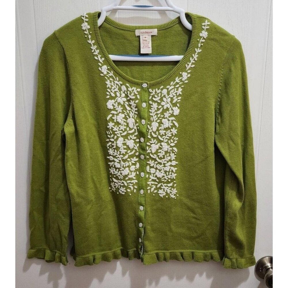 SUNDANCE Women's L/S Cardigan Sweater Ruffle Hems Green Embroidered Flowers Sz M
